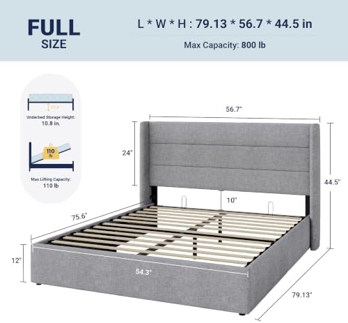 Allewie Full Size Lift Up Hydraulic Storage Bed Frame Light Grey - Image 2
