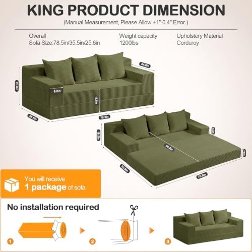 Erament 3 Seater Boneless Couch Sofa Bed, Compression Convertible Futon Floor - Image 2