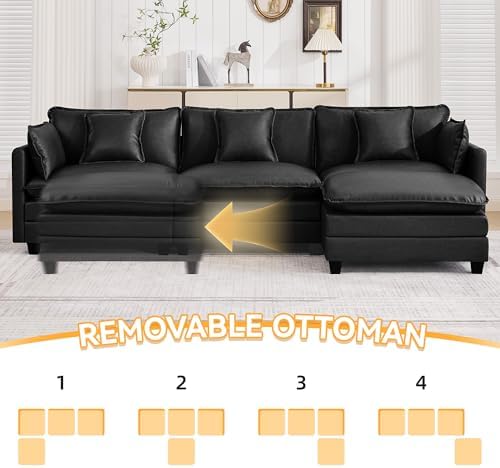 111'' Sectional Cloud Deep Seat Couch, Modern Comfy Leather L Shaped Sectional - Image 6