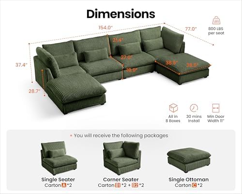 154" Oversize Corduroy Modular Sectional Sofa Couches - Image 2