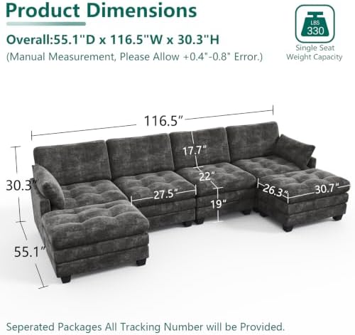 116.5" Modular Sectional Cloud Couch, U Shaped Tufted Sofa - Image 2