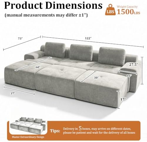 122" Oversized Boneless Couch, Comfort Cloud Sectional Couches - Image 2