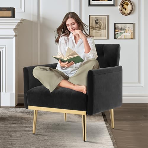 Black Accent Chair, Upholstered Velvet Armchair Comfy Modern Single Sofa Side - Image 2
