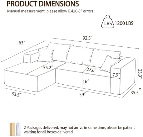 92.5" Boneless Couches for Living Room, L-Shaped Cloud Couch - Image 2