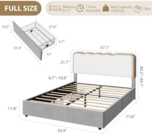IDEALHOUSE Full LED Bed, 2 Drawer Trundle, Light Gray Wave Headboard - Image 2