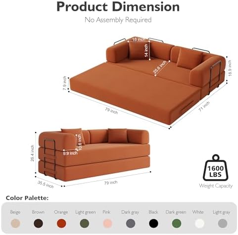 79in Boneless Couch Convertible Futon Sofa Bed Queen - Image 2