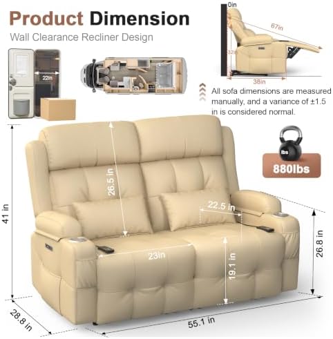 Reclining Loveseat Sofa, RV Loveseats Recliner Sofas Wall Hugger, Double - Image 2