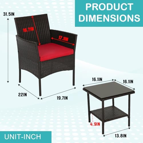 FDW 3-Piece Patio Furniture Set | Brown & Red | Outdoor Wicker Furniture - Image 2
