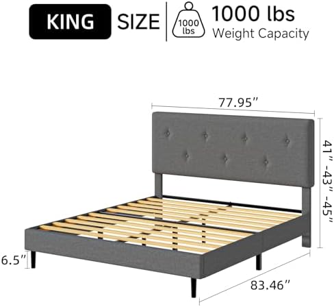 King Size Linen Bed Frame with Adjustable Headboard Grey - Image 2