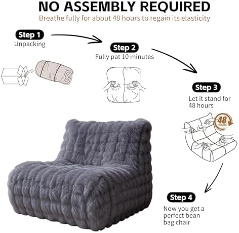 Memory Foam Faux Fur Bean Bag Chair, Light Grey - Image 3