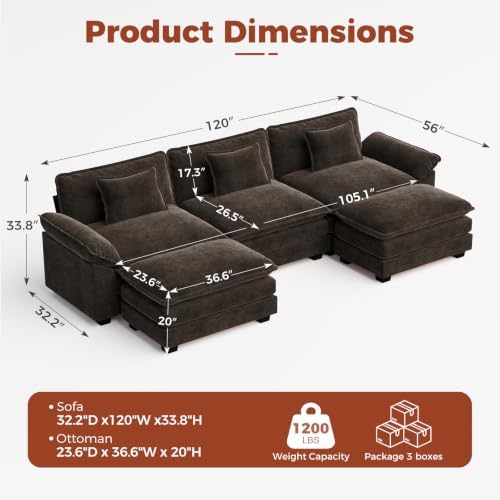 CDCASA 120" Oversized Modular Sectional Sofa, Comfy U-Shaped Cloud Couch w/ 2 - Image 2