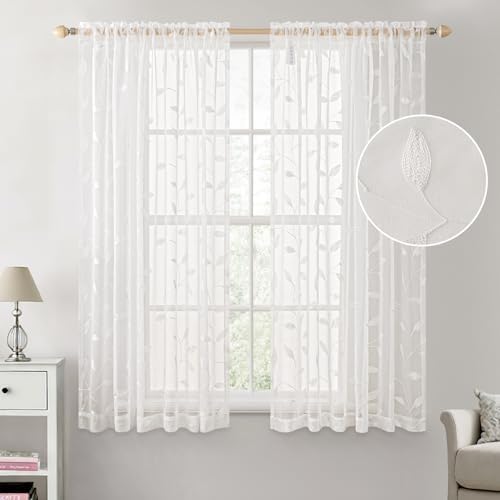 MIULEE White Sheer Curtains 2 Panels Embroidered Leaf Patterned, W52 x L63 - Image 2