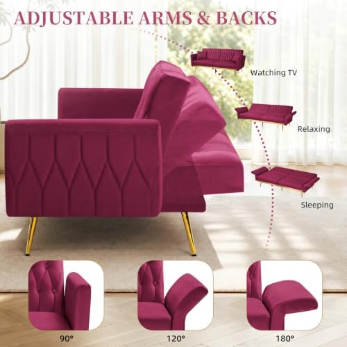 70” Velvet Futon Sofa Bed w/Adjustable Armrests - Image 7