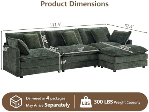 111.5” Modular Sectional Sofa, L Shaped Cloud Couch - Image 2