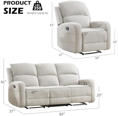 EBELLO Manual Living Room Furniture Reclining Couch Set, Soft Fabric Recliner - Image 2