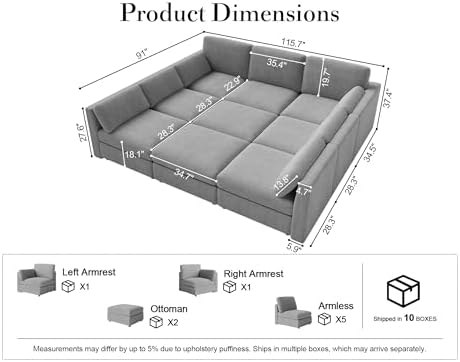 Oversized Modular Sectional Sleeper Sofa Bed Cloud Couches Gray - Image 2