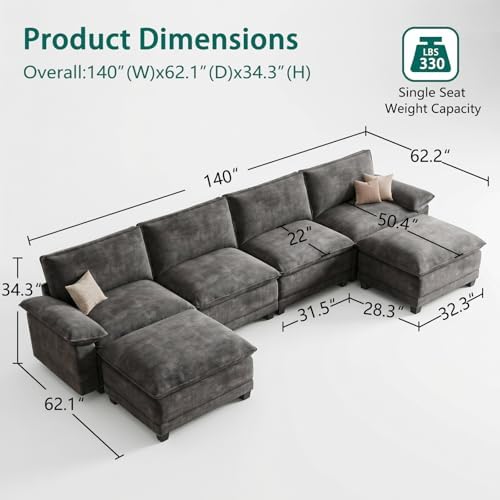 140" Modular Sectional Couch, U Shaped Cloud Sofa - Image 2