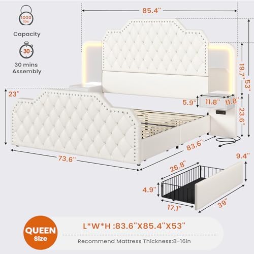 Itaar Queen Bed Frame with 53" Tall Headboard and 4 Storage Drawers, PU Leather - Image 2
