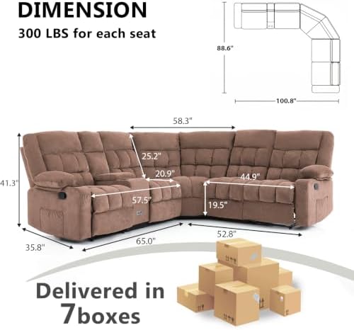 Reclining Sectional Sofa, L Shaped Recliner Couch, 6 Seater - Image 2