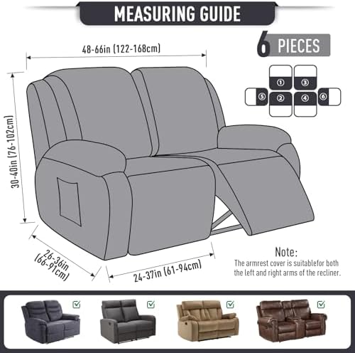TAOCOCO Stretch Loveseat Recliner Covers 6 Piece, Charcoal Grey - Image 5