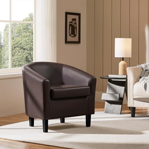 Yaheetech Accent Chairs, Faux Leather Barrel Armchairs Espresso - Image 2