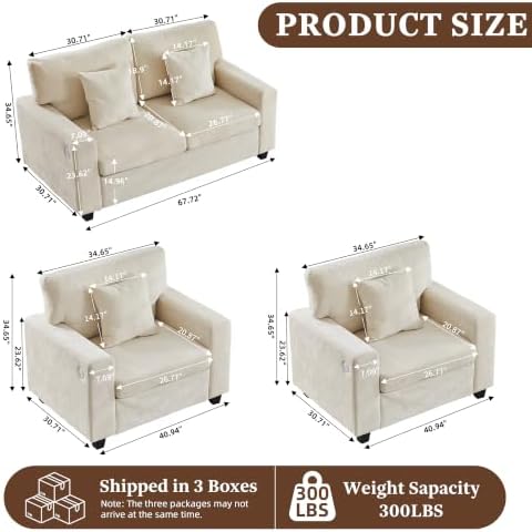 Loveseat Sofa with 2 Accent Sofa Chairs Chenille Couch Set - Image 2