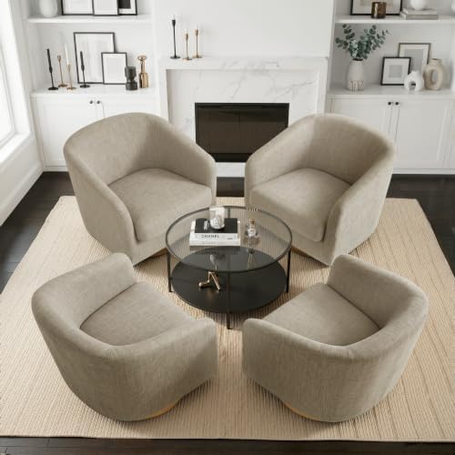 Pia Ricco Set of 4 Oversized Linen 360° Swivel Barrel Accent Chair Light Brown by PiaRicco