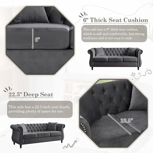80" 2 Piece 3-Seater Velvet Chesterfield Sofa - Image 4