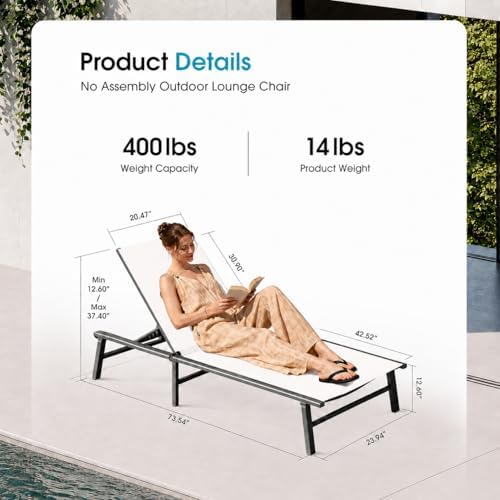 Ciokea Foldable Outdoor Lounge Chair, No Assembly Patio Chaise Lounge Outdoor - Image 2