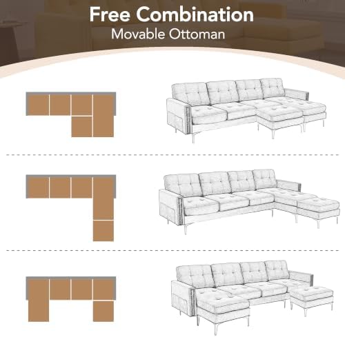 P PURLOVE Velvet Modern Large Sectional Sofa, U Shape Upholstered Couch - Image 5