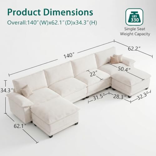 140" Modular Sectional Couch, U Shaped Cloud Sofa - Image 2