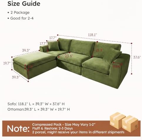 119" Modular Sectional Cloud Sofa, No Assembly Boneless Couch - Image 2