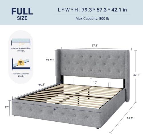 Allewie Full Size Lift Up Storage Button-Tufted Bed Frame Light Grey - Image 2