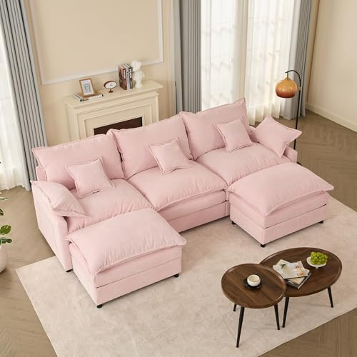 GOSUHI 108" U-Shaped Modular Cloud Couch, Deep Seat, Chenille Pink by GOSUHI