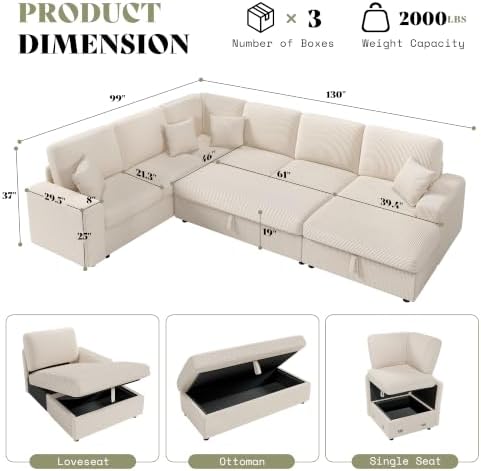 130" Sectional Couches for Living Room, Modular Sectional Sofa - Image 2