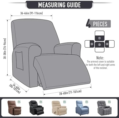 TAOCOCO Oversized Stretch Recliner Chair Covers 4 Piece, Charcoal Grey - Image 4