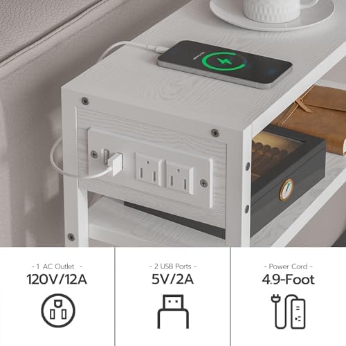 Leomonio White Side Table with Charging Station, Slim End Tables with Linen - Image 6