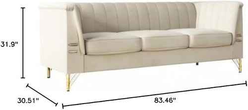 83.46" W Beige Velvet Sofa Couch - Image 2