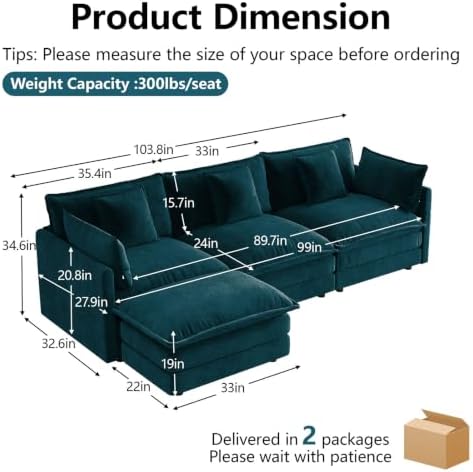 103" Modular Sectional Sofa, 4 Seater Deep Seat Cloud Couch - Image 2