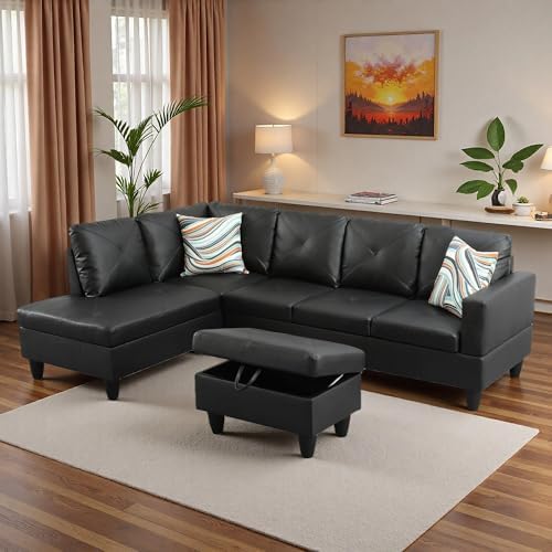 L-Shaped Sectional Sofa with Movable Chaise & Storage Ottoman, Leather 3-Piece - Image 3