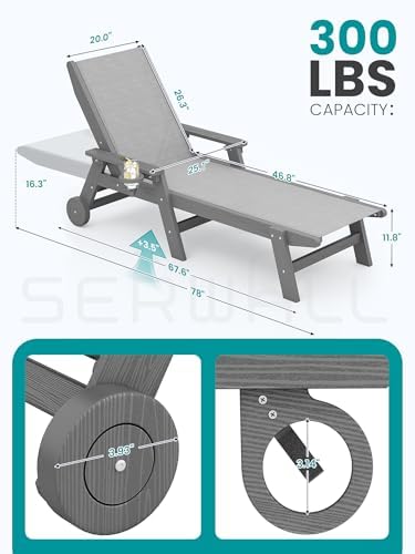 SERWALL Textilene Patio Chaise Lounge Chair, HDPE Outdoor Lounger - Image 2