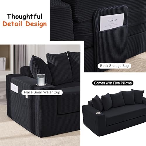76" Convertible Sofa Bed, Corduroy Boneless Couch - Image 5