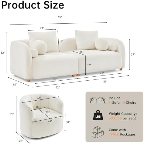 2 Piece Modern Couch Set, Curved Sofa & Swivel Accent Chair - Image 2