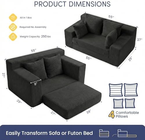 cidludto Boneless Couch Loveseat Sleeper, Convertible Sofa Bed Folding Couch - Image 2