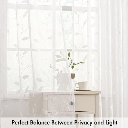 MIULEE White Sheer Curtains 2 Panels Embroidered Leaf Patterned, W52 x L63 - Image 5