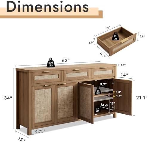 HOKYHOKY 63" Rattan Sideboard Buffet Cabinet, Boho Storage Cabinet - Image 3