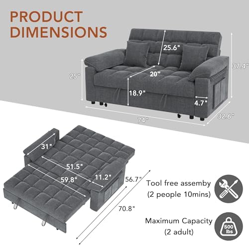 Vipbear Chenille Sleeper Sofa Bed, Guest Room - Image 2
