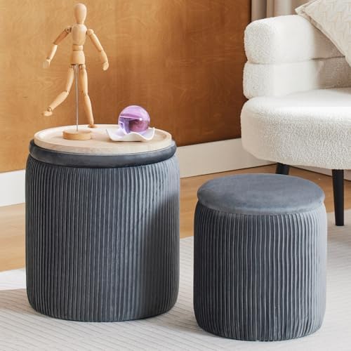 BLEXA Storage Ottoman Round, Velvet Vanity Stool, Light Grey by OUSADOU
