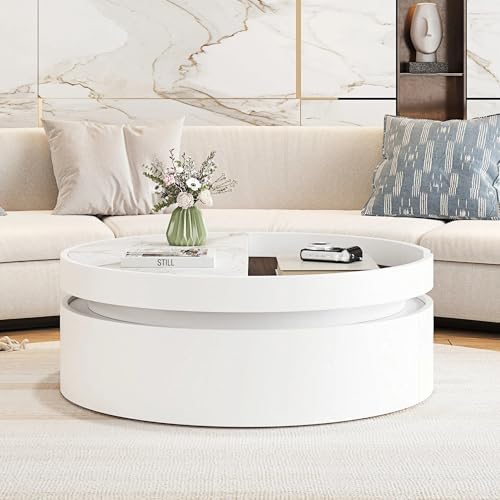29.5" White Coffee Table with Storage Drawer, Round Lift Top Side Table by SCANORDIC