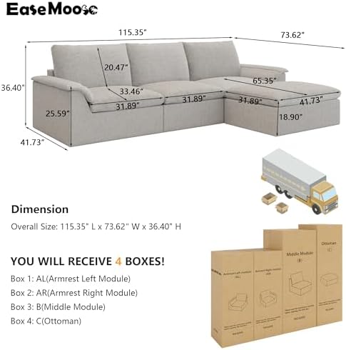 EASE MOOSE 115" L Shaped Boneless Couches, Cloud Modular Sectional Sofa - Image 2